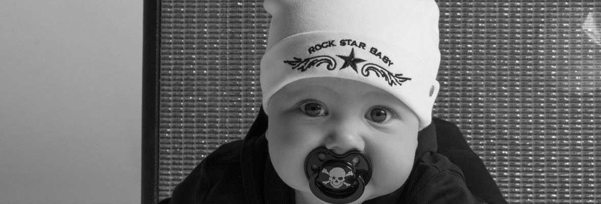 ROCK STAR BABY with white beanie and pirate pacifier
